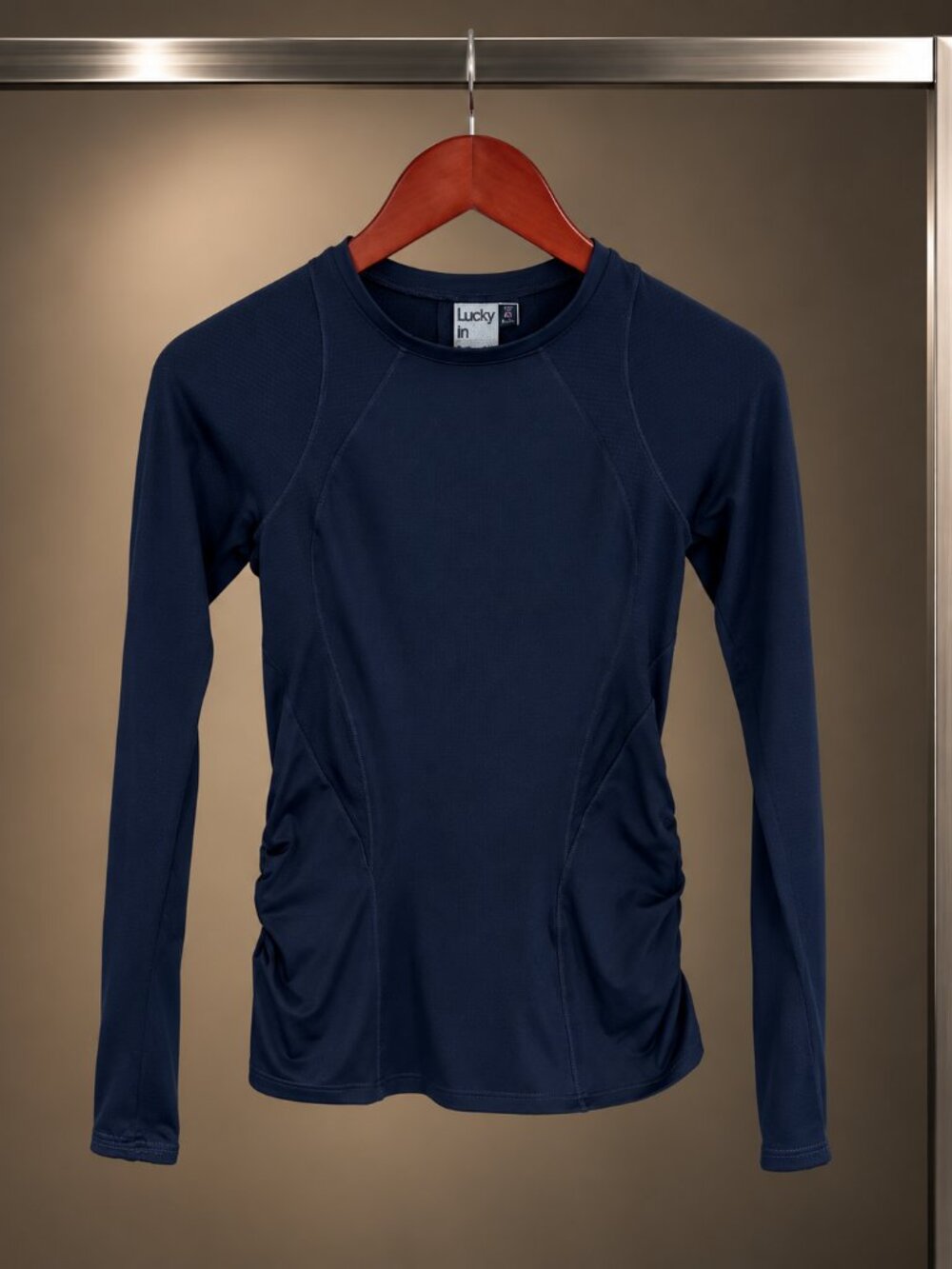 Lucky in Love Navy Long Sleeve Tennis Top Mesh Ruched Sides Thumbholes Size XS